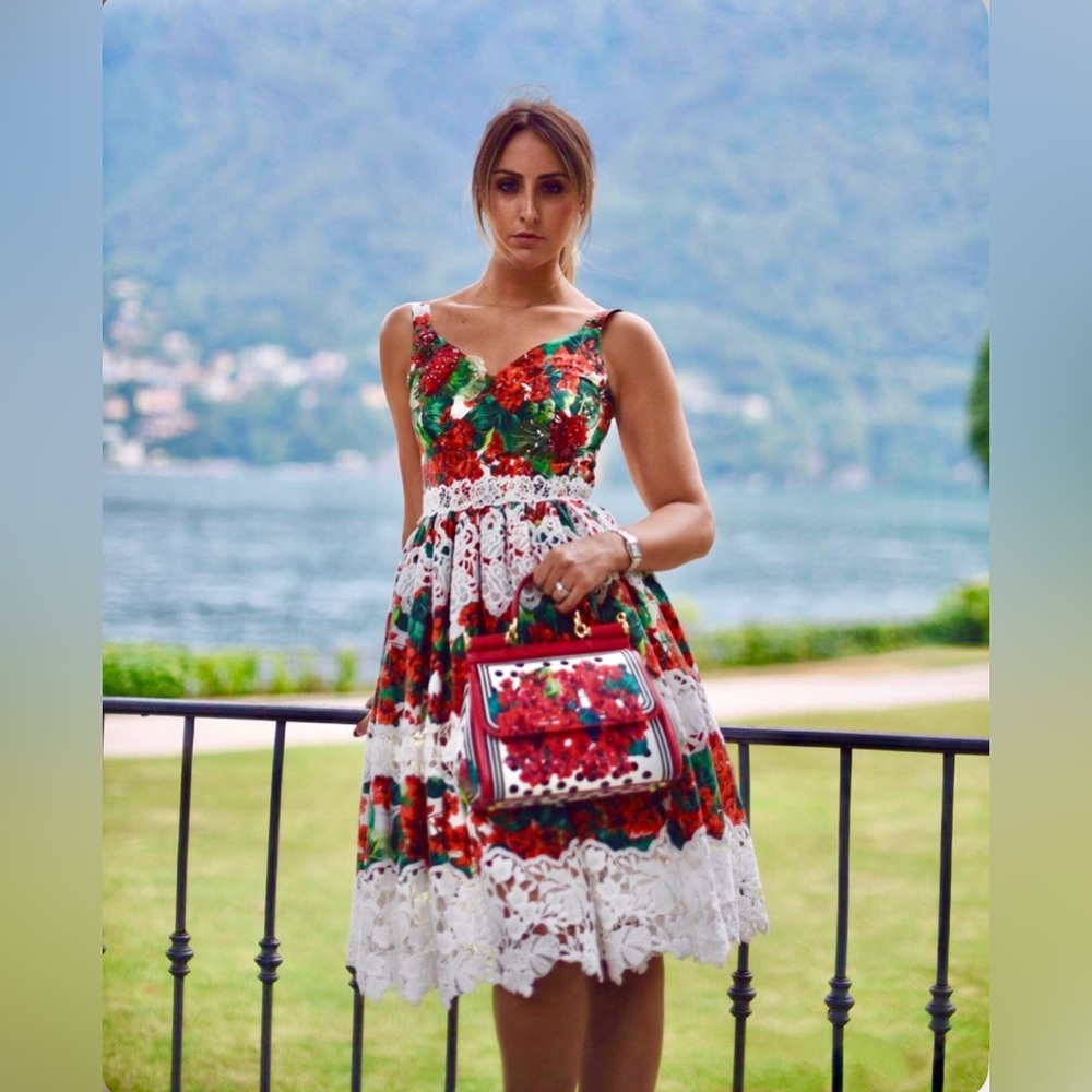 DOLCE & GABBANA Crochet-trimmed floral-print cotton-blend poplin dress size 2